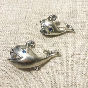 Vintage Silver Whale mama and baby brooch pin set